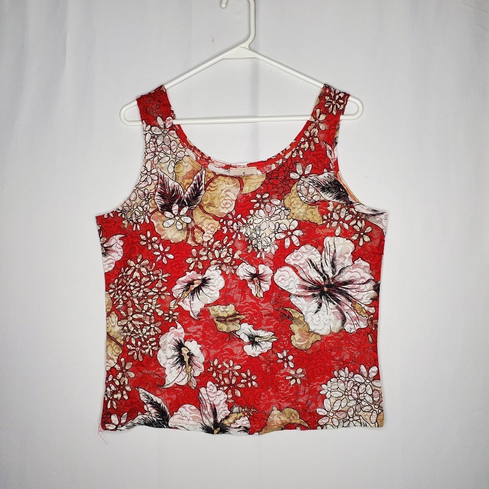 90s Vtg Red Lace Floral Print Tank Top Women Large Sheer Fairy Grunge Romantic